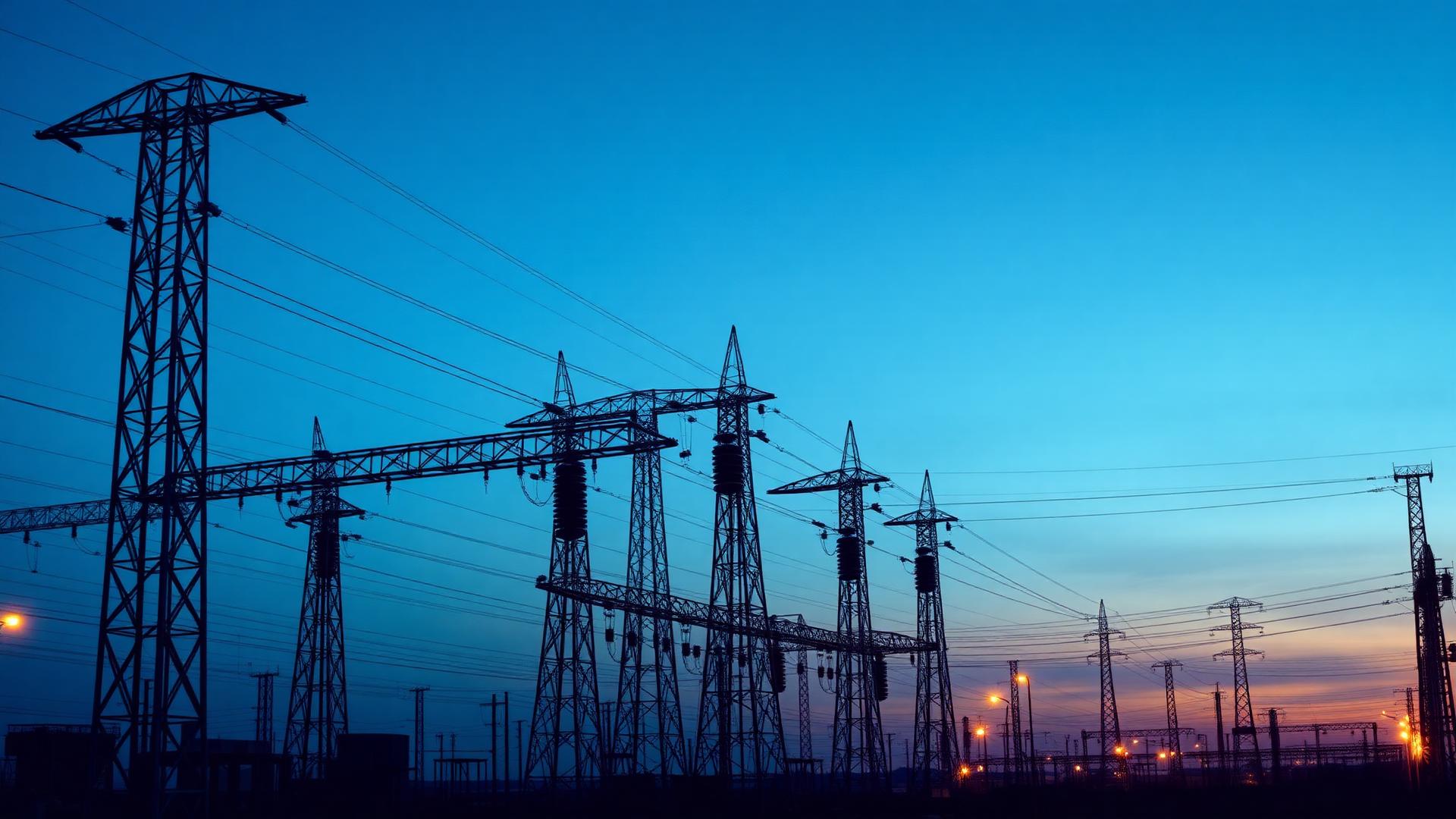 Subestación eléctrica de alta tensión al atardecer